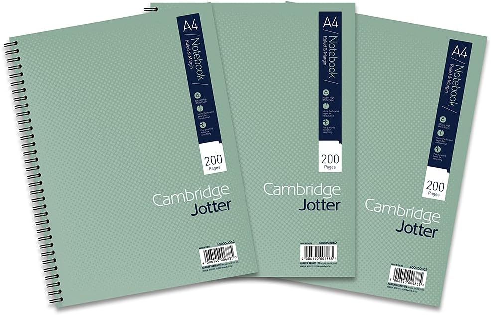 Cambridge Jotter A4 Notebook, Wirebound, 8 mm Lined with Margin, 200 Pages, 80GSM, Pack of 3 Notepads, Perforated Edges