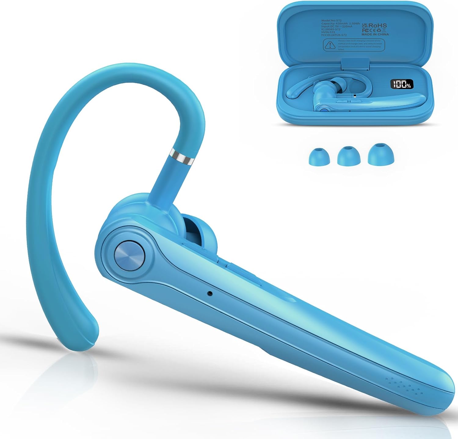 Bluetooth Headset V5.4, Handsfree Bluetooth Earpiece with Dual ENC Mic, Single wireless Headset 25Hrs Talk 180Hrs Standby Time, In-Ear Headphones for Driving/Business/Office with Android iOS Laptop