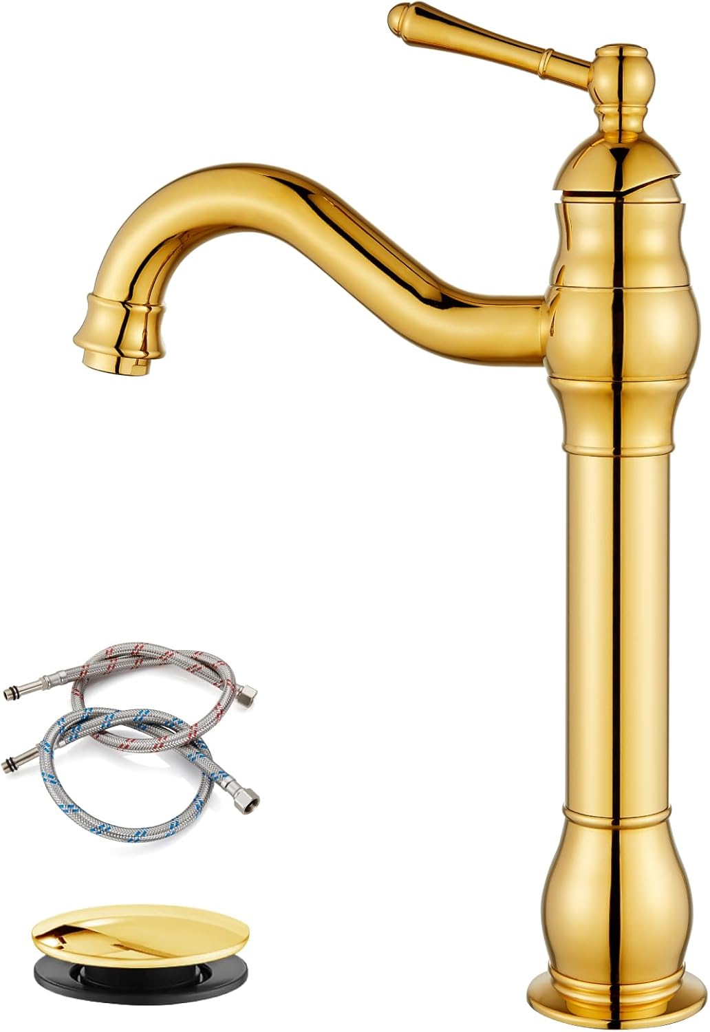 gotonovo Single Handle Vessel Sink Faucet 360° Swivel Bathroom Faucet One Hole Farmhouse Lavatory Vanity Faucet Bowl Sink Mixer Tap with Pop Up Drain, Polish Gold