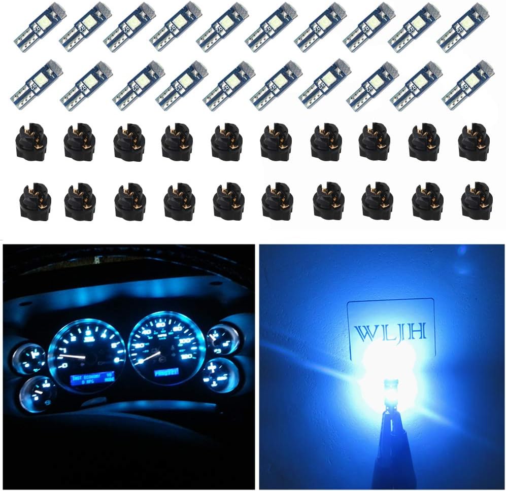 WLJH 74 Led Bulb Dash Lights 3SMD Super Bright T5 2721 37 286 Wedge PC74 Twist Socket Automotive Instrument Panel Gauge Light Kits Cluster Shift Indicator Interior Bulbs Ice Blue Pack of 20