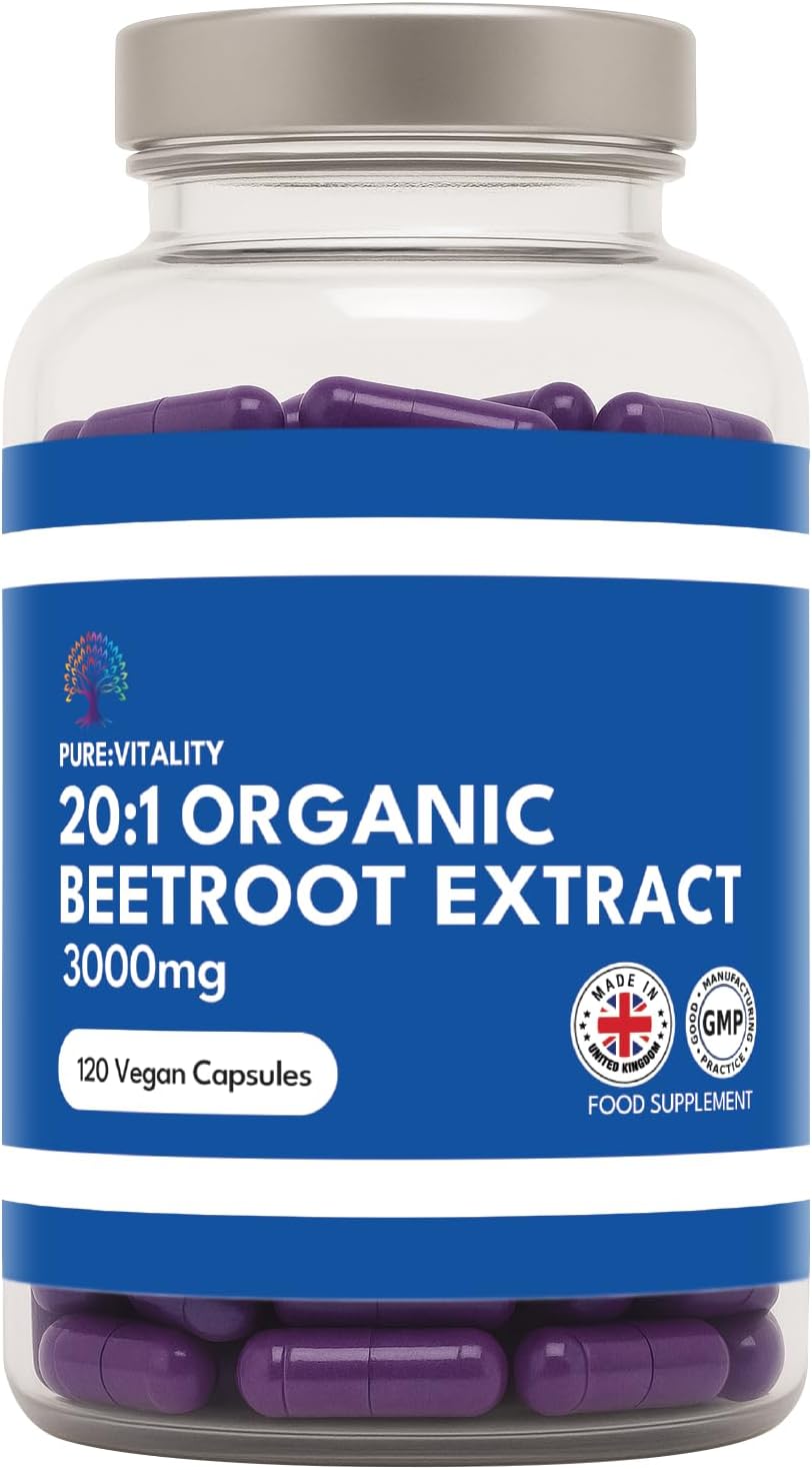 Pure Vitality: Organic Beetroot Capsules 3000mg | High Strength Blood Pressure & Digestion Support | Nitric Oxide Superfood Booster | 120 Vegan Capsules