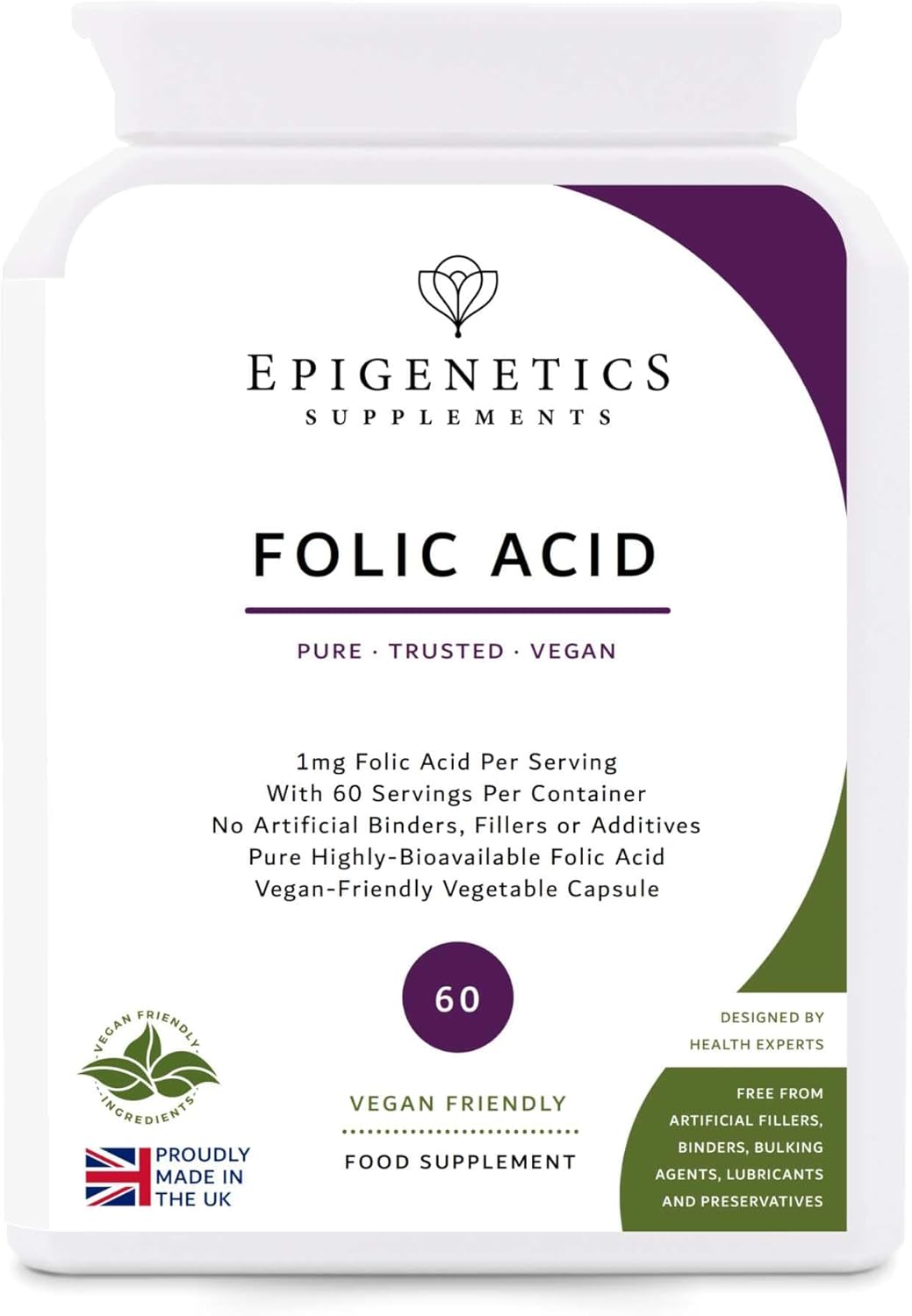 Folic Acid 1000mcg | 100% Pure & Natural Folic Acid 1mg | 60 Vegan Friendly Capsules UK Made | Long 2 Month Supply by Epigenetics Supplements