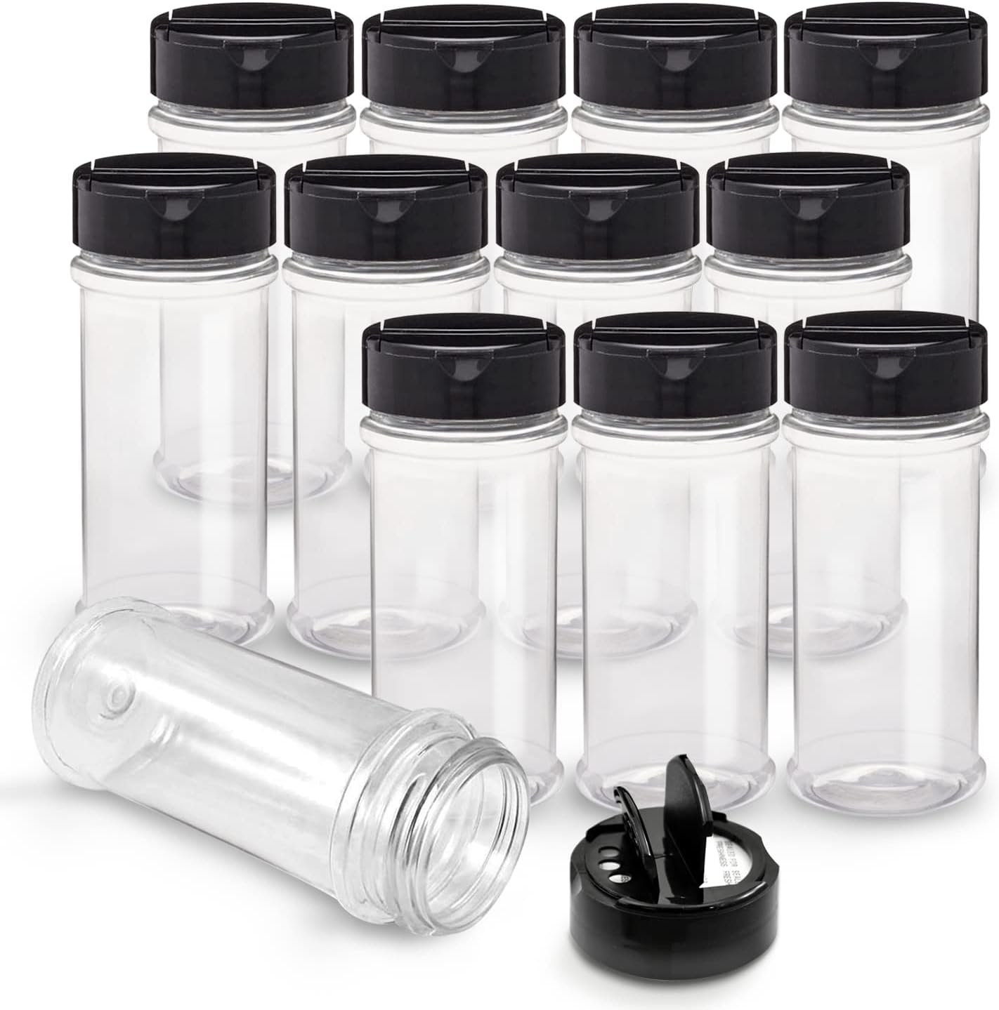RoyalHouse 12 Pack 5.5 Oz Plastic Spice Jars with Black Cap, Clear and Safe Plastic Bottle Containers with Shaker Lids for Storing Spice, Herbs and Seasoning Powders, BPA Free, Made in USA