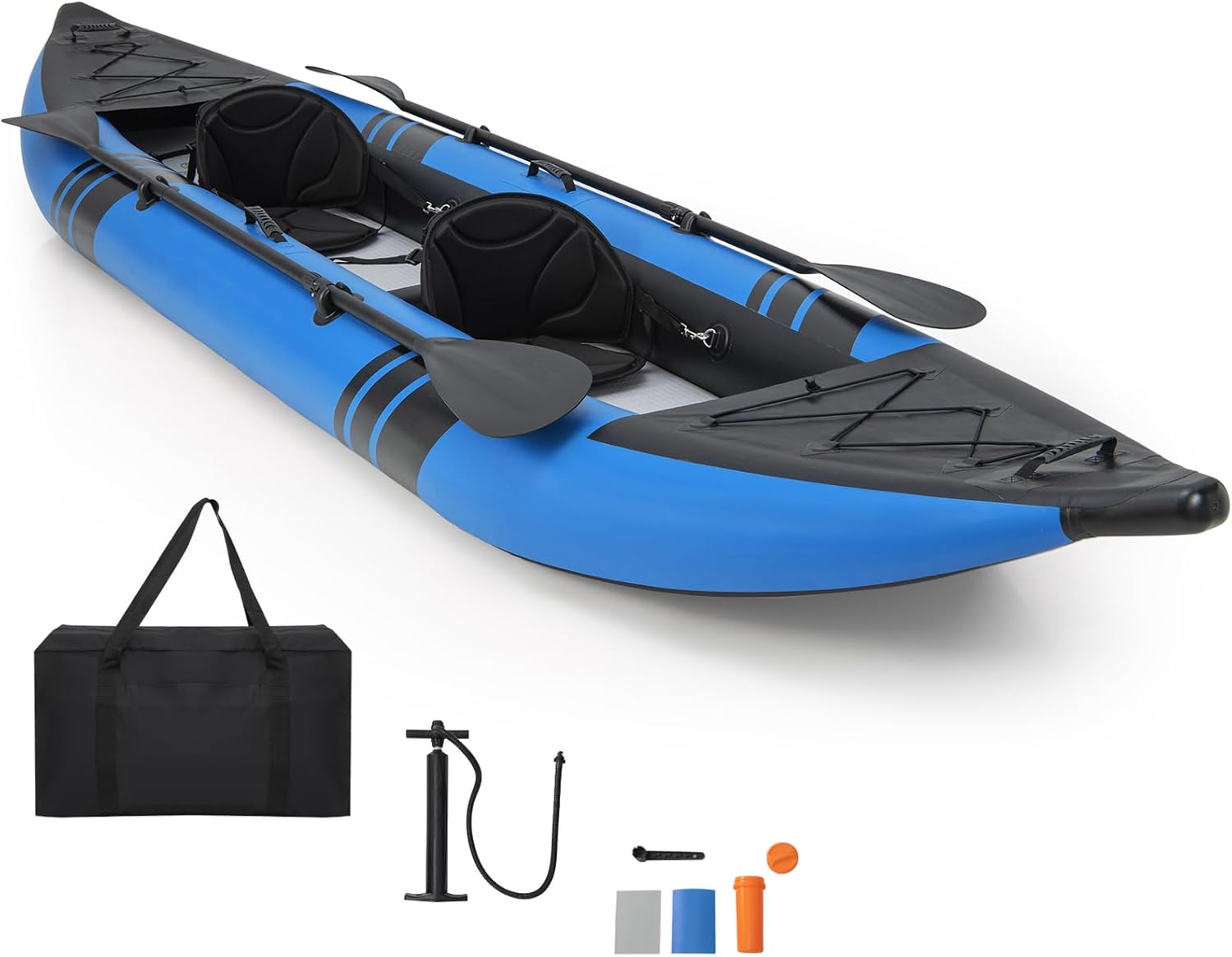 GYMAX Inflatable Kayak, 12.5Ft 507lbs Tandem Kayak with 2 Aluminum Paddles, 2 Padded Seats, Footrests, 2 Fins, Hand Pump, Carry Bag & Repair Kit, 2 Person Fishing Touring Kayak for Adults Youth