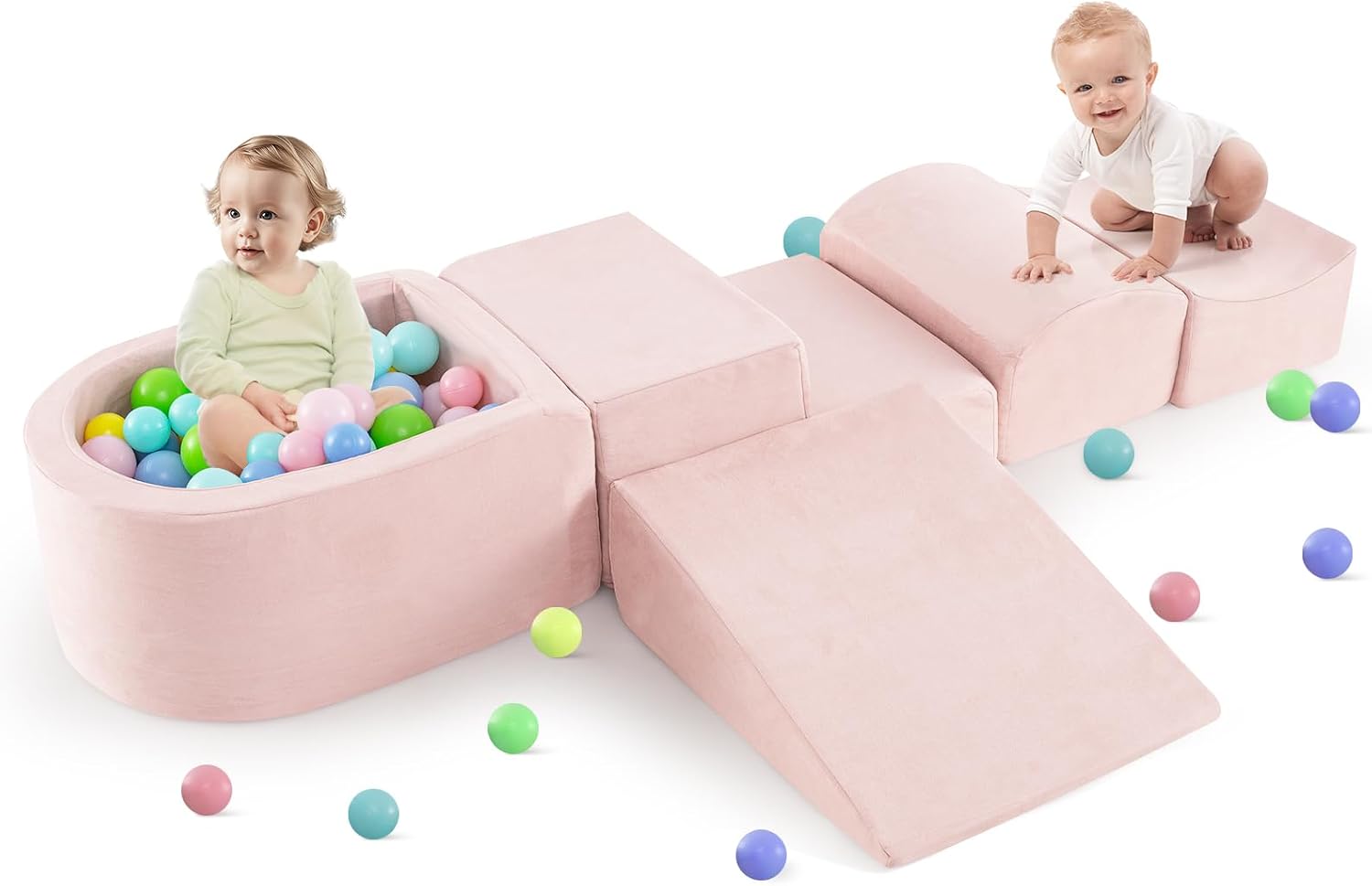 INFANS Climbing Toys for Toddlers, Foam Climbing Blocks and Ball Pit for Baby, 5pc Kids Climb and Crawl Block Activity Structure Play Set, Indoor Foam Play Gym for Crawling and Sliding