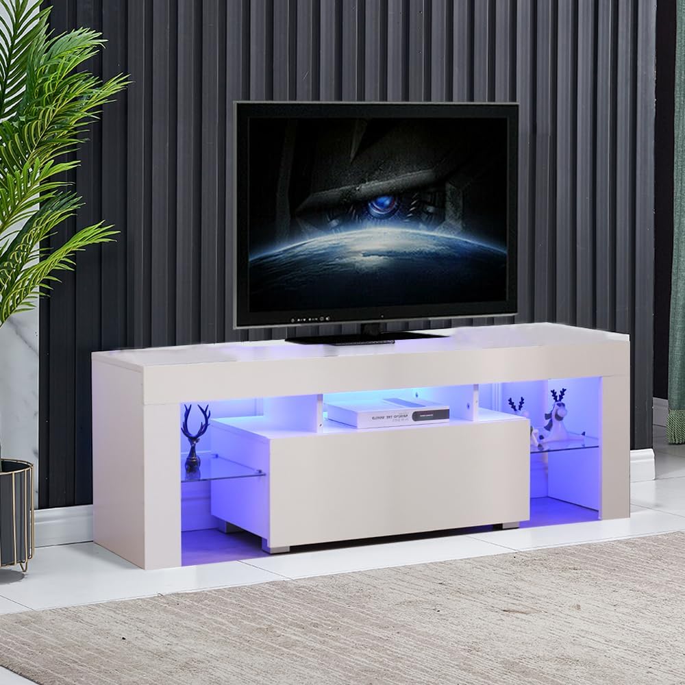 130cm High Gloss TV Stand Cabinet With LED Lights Up to 65in TV, Modern TV Unit with Shelves and Drawers Large Storage TV Cabinet for Living Room Bedroom White