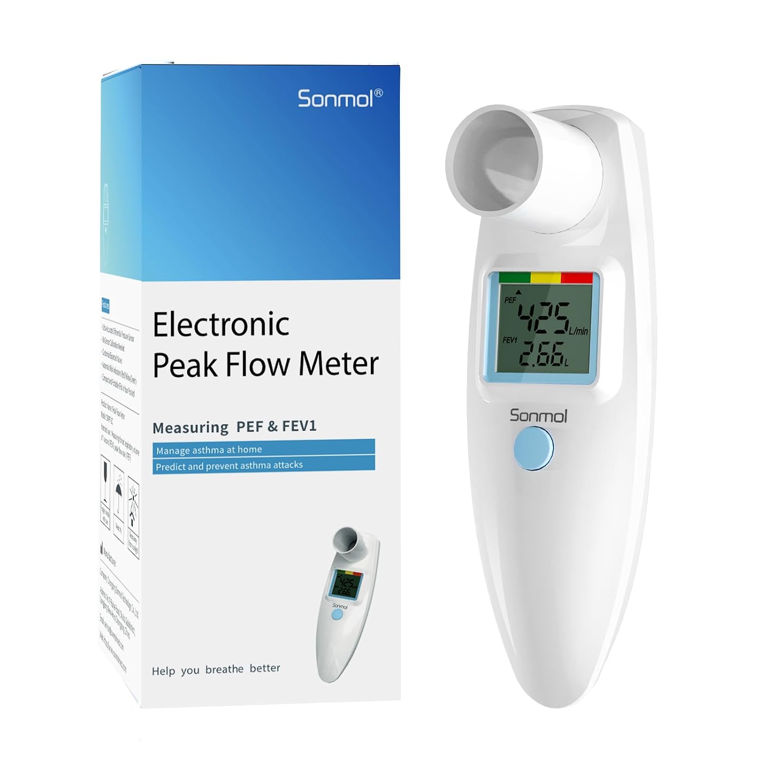 Sonmol Digital Peak Flow Meter PEF FEV1 Tester with Color Indicators