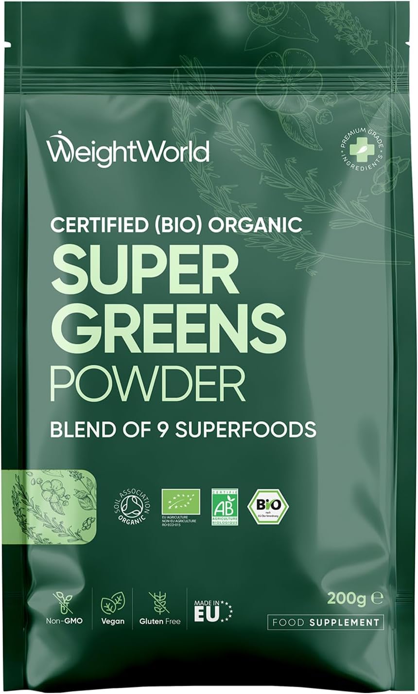 Organic Super Greens Powder - Soil Association Certified - Only Nutrient-Rich Superfoods Like Maca, Guarana & Chlorella - Vegan-Friendly, Soy-Free & Gluten-Free Greens and Superfood Powder Supplement