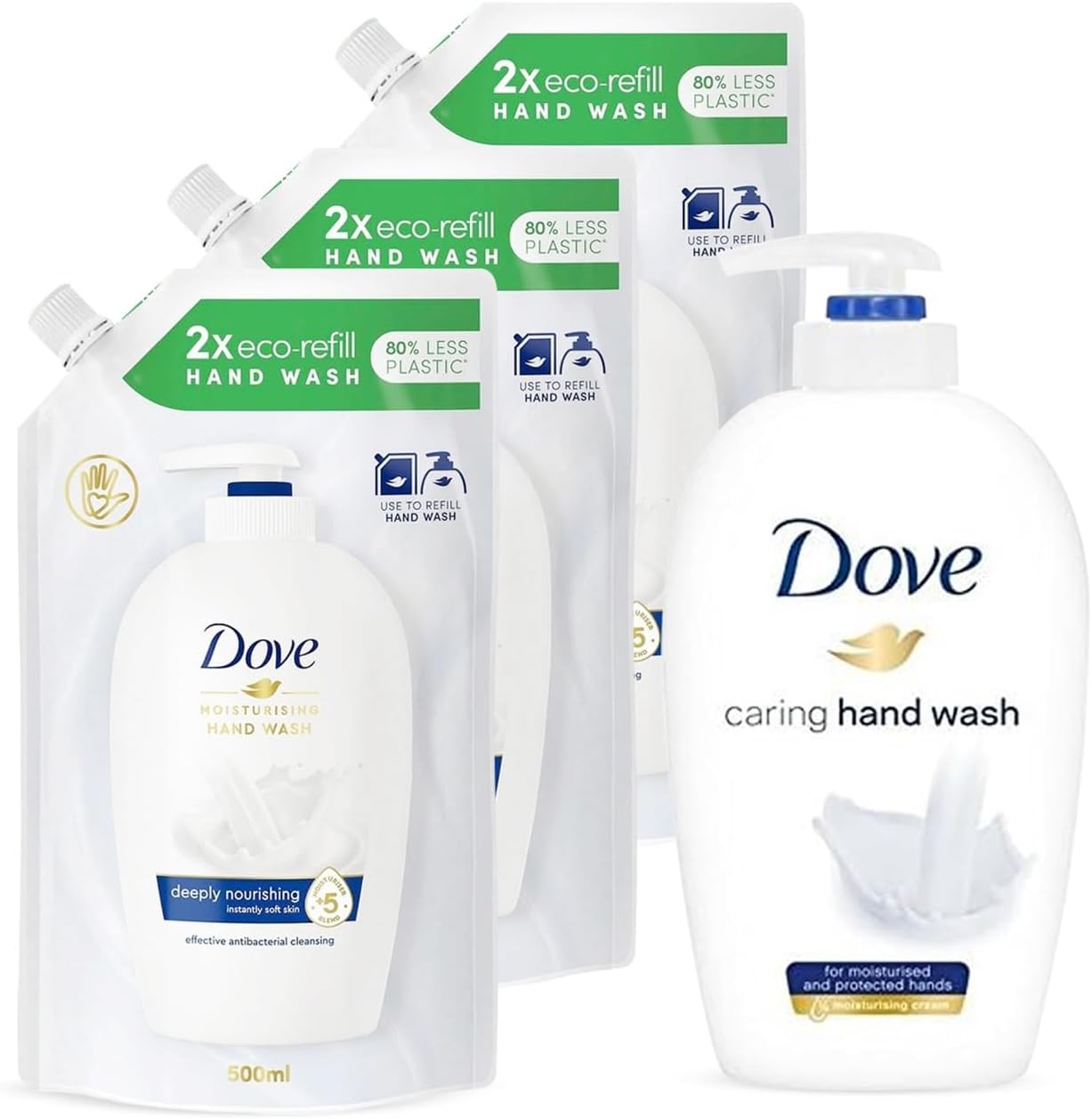 Dove Hand Wash Refill & Dispenser Pack – 3 x 500ml Eco Refills + 1 Reusable Pump Bottle | Antibacterial & Moisturising Liquid Soap | 24-Hour Skin Nourishment | 4-Pack