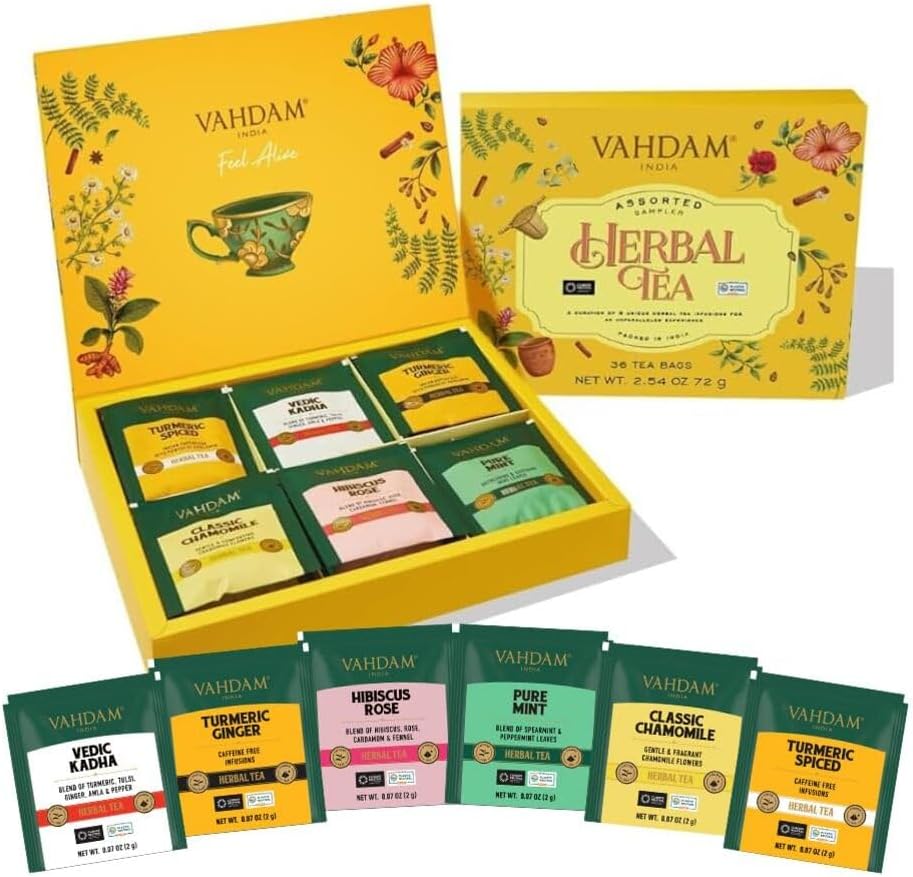 VAHDAM, Assorted Herbal Tea Variety Pack (6 Variants, 36 Tea Bags) Caffeine Free, Gluten Free, Non GMO | Eco Friendly Long Leaf Pyramid Tea Bags I Tea Gift Sets for Men and Women