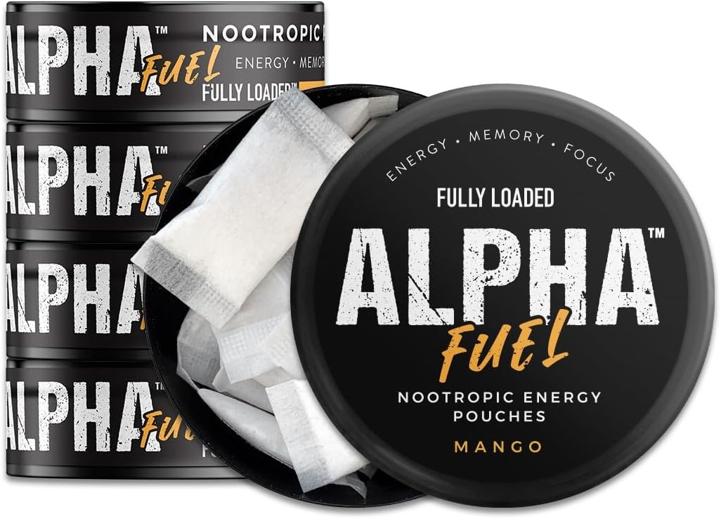 Fully Loaded Alpha Fuel Nootropic Pouches (Mango Fuel) - 5 cans, 15 Pouches per can - Energy Pouches containing Caffeine and nootropic Blend