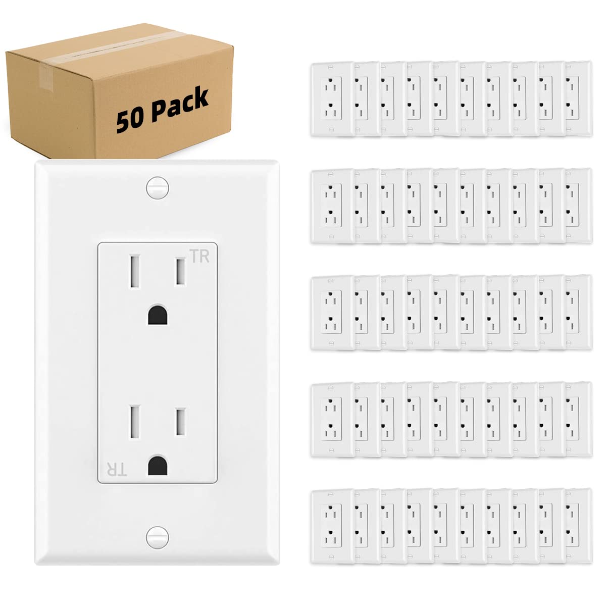 Micmi Outlet Socket, Decorator Receptacle, 15 Amp, 125 Volt, Tamper Resistant, TR Grounding with Wall Plates UL Listed White 50pack (15A)