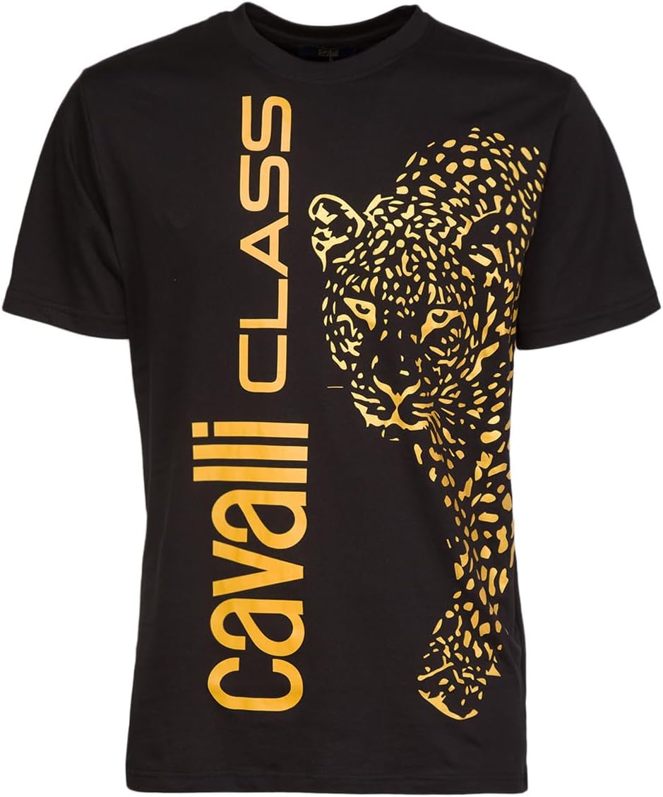 Cavalli Class Signature Leopard Print Fashion T-Shirt- for Mens, Black, XL