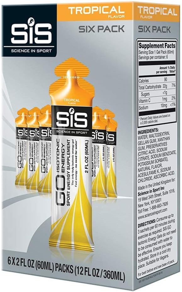 Science in Sport Energy Gel Pack, SIS Isotonic Energy Gel, 22g Fast Acting Carbs, Performance & Endurance Gels, Tropical Flavor - 2 Fl Oz (Pack of 6)