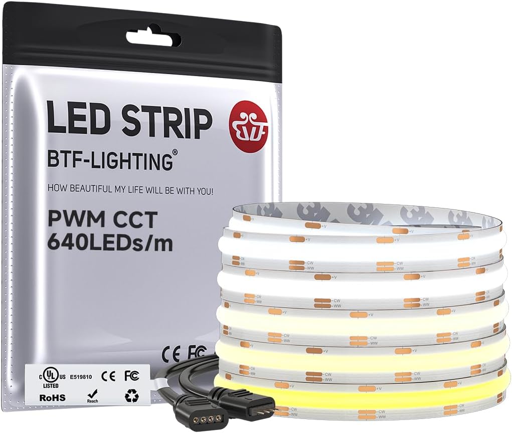 BTF-LIGHTING COB CCT Flexible High Density FCOB LED Strip 16.4FT/5M 640LEDs/m Tunable 3000K-6000K CRI＞90 Dimmable Deformable LED Light Ribbon IP30 DC24V(Only LED Strip)