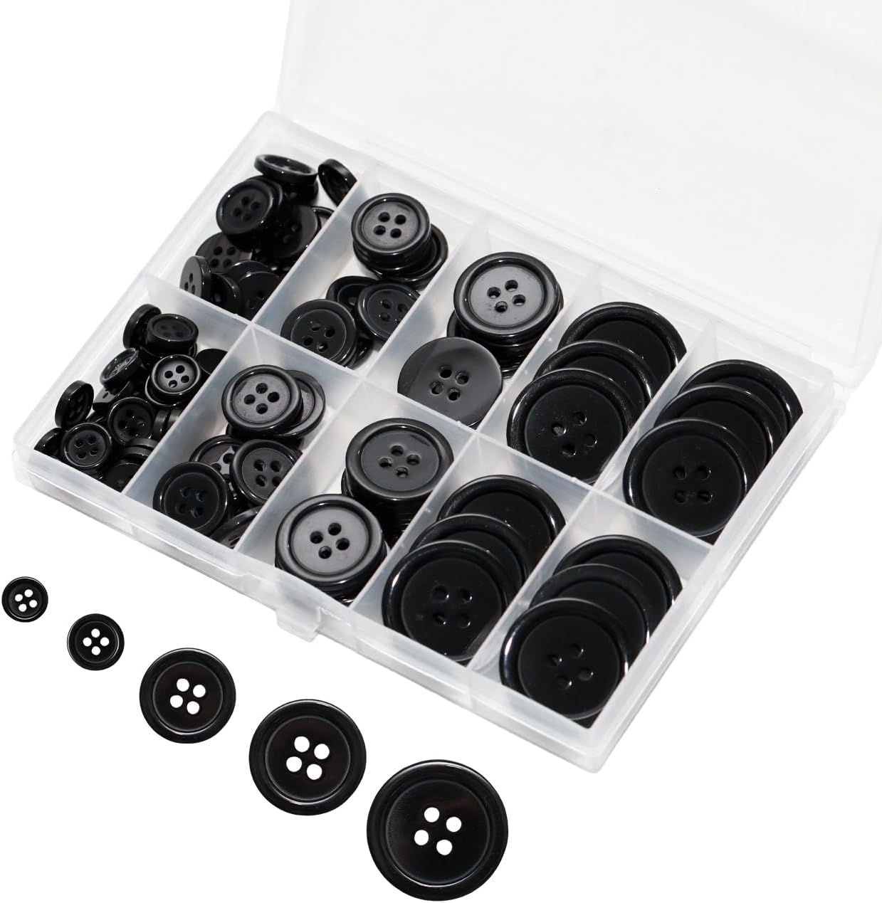 Lilaly 100 pcs Black Buttons for Crafts, 5 Sizes Mixed Round Sewing Buttons for Clothes, Suitable for for DIY Crafts, Coats, Shirts, Pants, Shorts