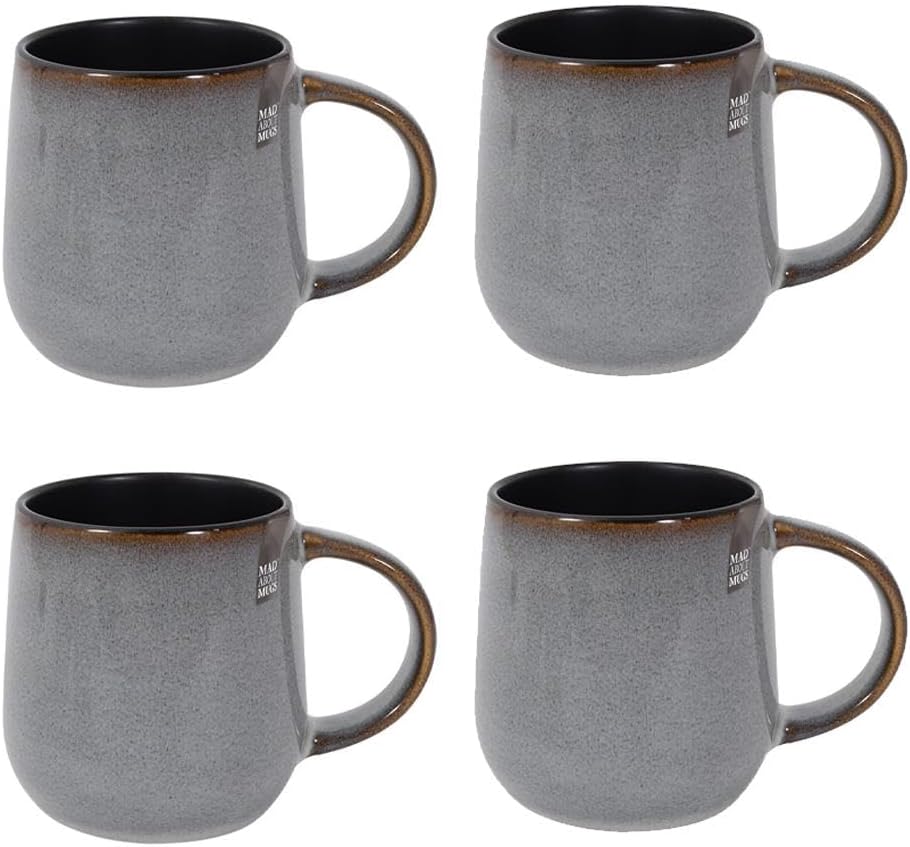 Set of 4 Reactive Glaze Mugs - 13 Ounce 430ml Stoneware - Grey Pattern Black Interior - Tea Coffee Cups Latte Cappuccino Hot Chocolate Drinks - Home Kitchen Work Office Mug Set
