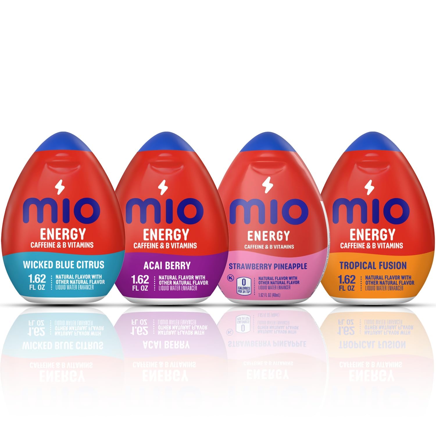 MiO Energy Water Enhancer Quartet for Sugar Free Hydration, Drink Mixing and Energy Support with Caffeine and B Vitamins, Wicked Blue Citrus, Acai Berry, Strawberry Pineapple and Tropical Fusion, 1.62 Fluid Ounce (Variety Pack)