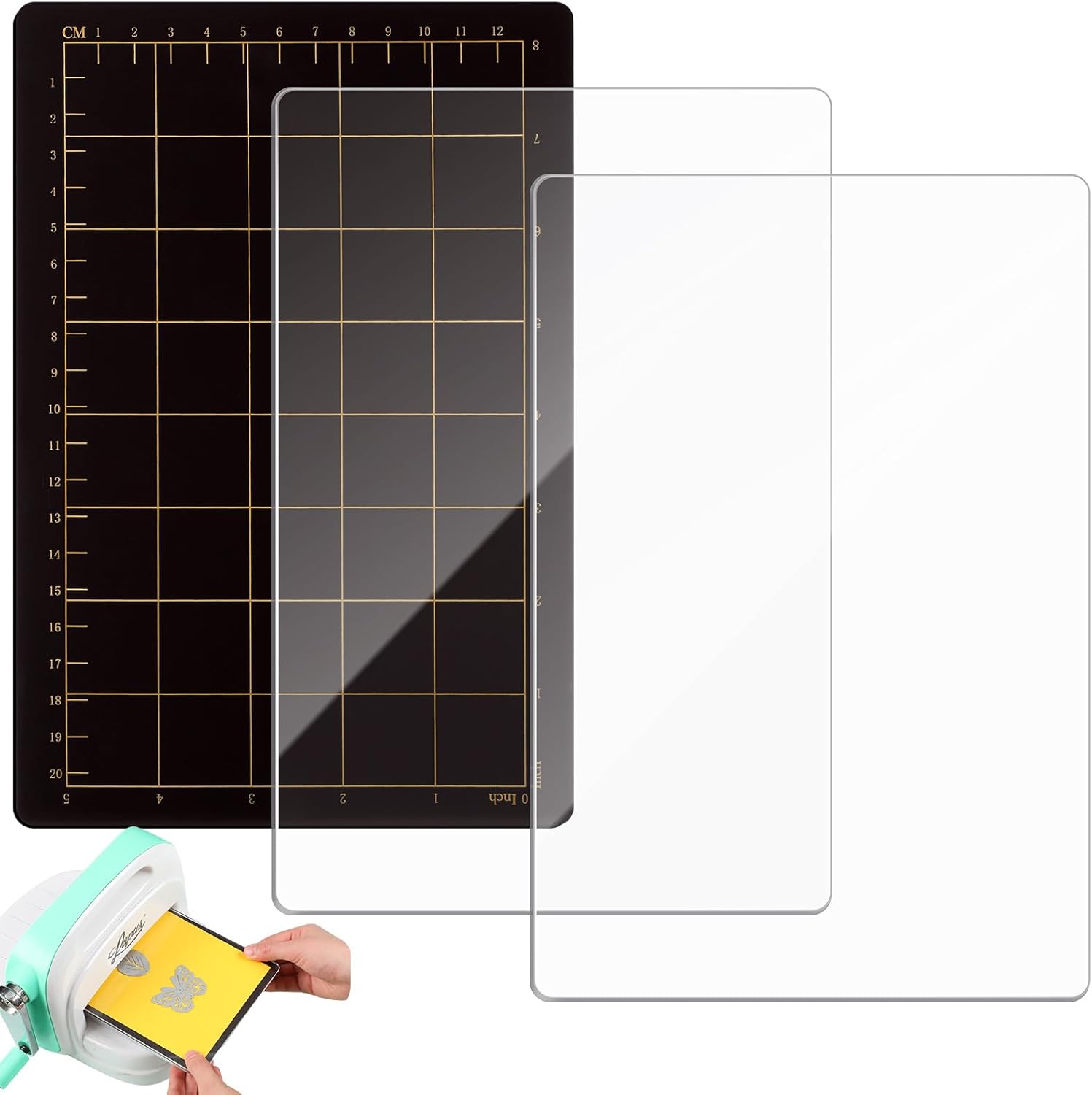 Threehoney 3 Pcs Die Pads Set 6'' x 9" Include Magnetic Shim with Card Size Grids and 2 Pcs Acrylic Cutting Pads for Die Cutting Machines Embossing Crafting Accessories