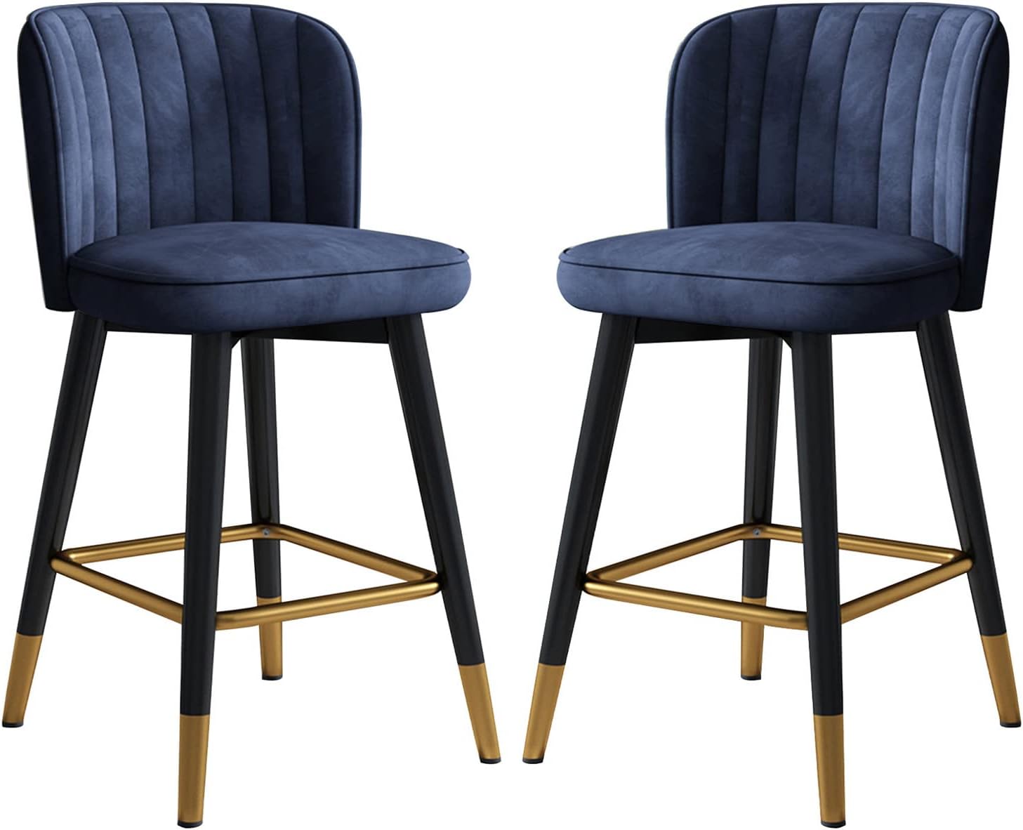 Fetarxue Swivel Counter Height Bar Stools Set of 2, Velvet Upholstered Barstool Stools, Kitchen Breakfast Island Chair with Back for Pub Home Bar Dining Room Kitchen, Blue, High:65CM