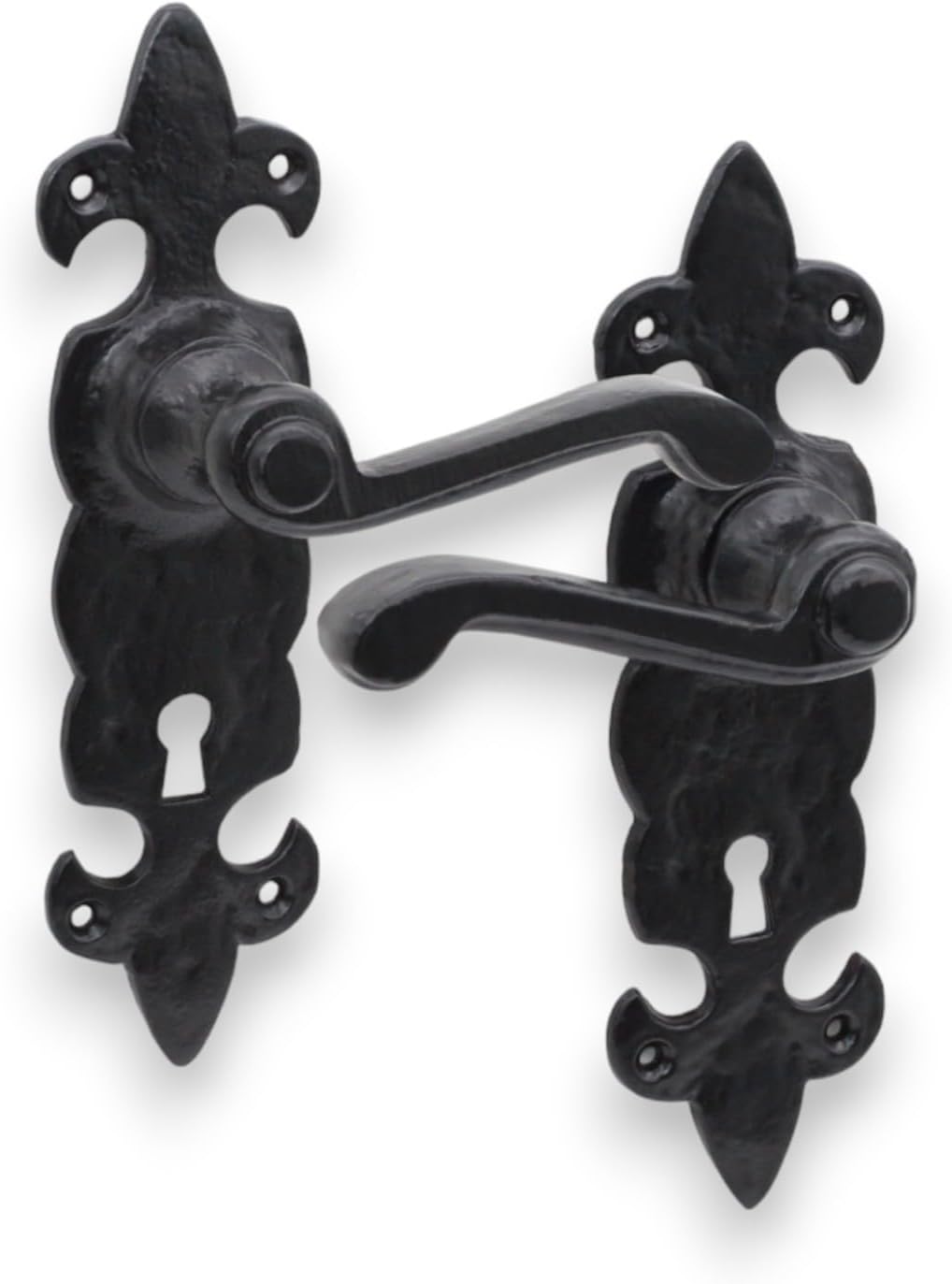 Infinity Decor Antique Black Fleur De LYS Pattern Lever Door Handle Set Cast Iron Key Lock Rustic Handle Pair