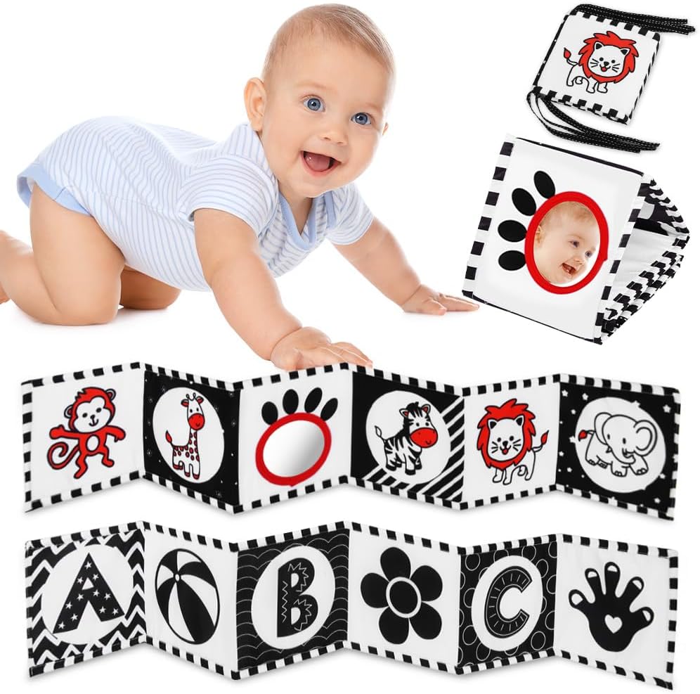 Vicloon Baby Soft Books,Black and White Baby Bath Cloth Book,High Contrast Foldable Soft Fabric Quiet Book,Touch and Feel Crinkle Cloth Books for Babies Infants Toddlers First Bookes