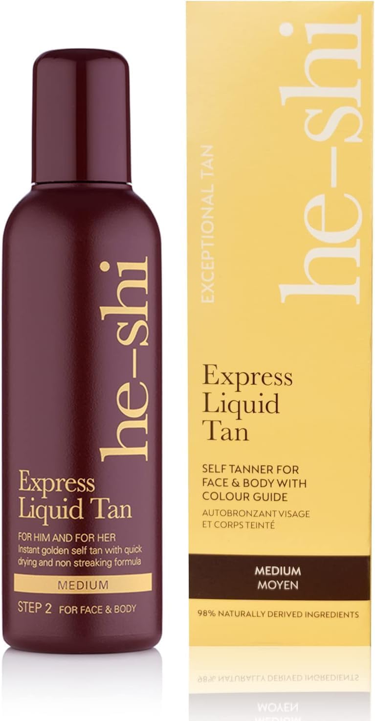 He-Shi Self Tan Express Instant Fake Tan Liquid – Bronze Natural Quick Dry Formula with Tropical Smell - Vegan & Cruelty Free - Medium Bronzing Glow (150ml)