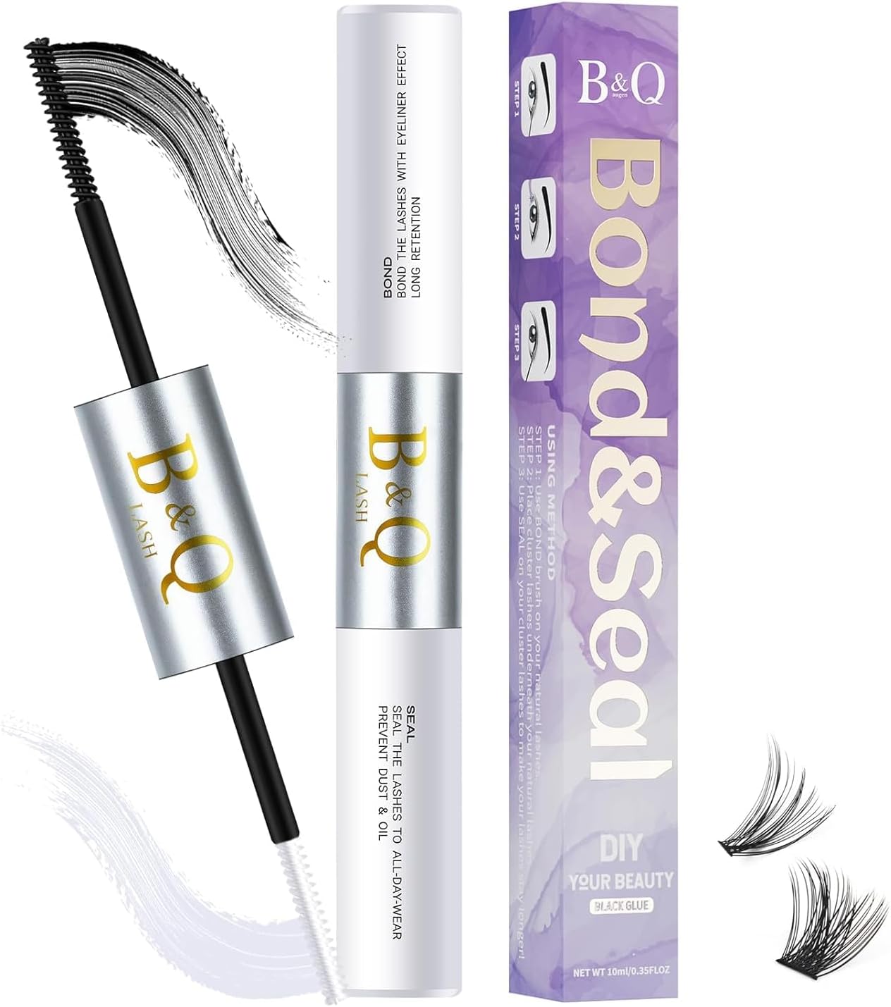B&Qaugen Lash Bond and Seal 10ML B&Q Eyelash Bond and Seal for Lash Clusters Long Lasting Bond and Seal Lash Glue Hold 48-72 Hours Waterproof Cluster Lash Glue Mascara Wand Bond and Seal (Black,10ML)