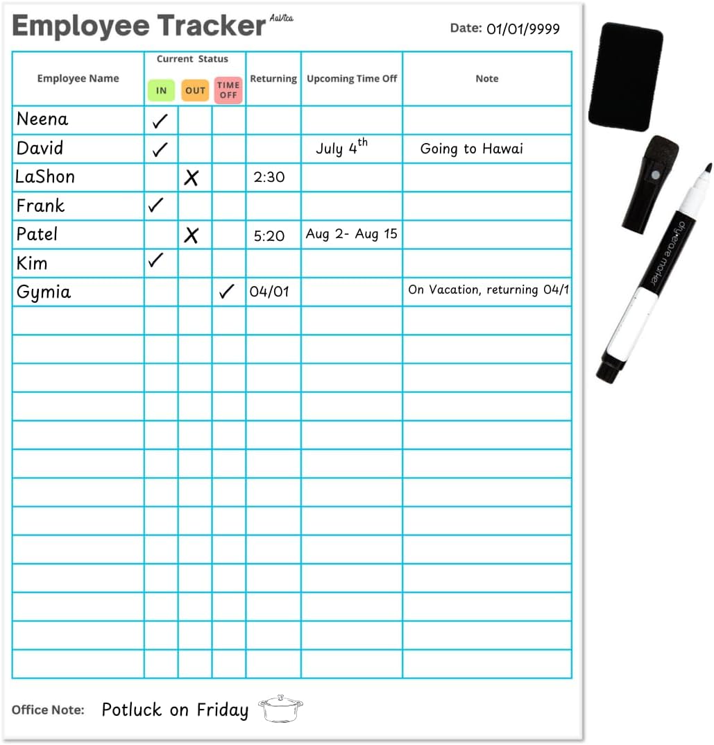Employee in and Out Tracker Board - Magnetic Dry Erase – Real-Time Attendance, Return Time & PTO Tracking – Flexible Office & Staff Schedule Organizer for Better Daily Operations