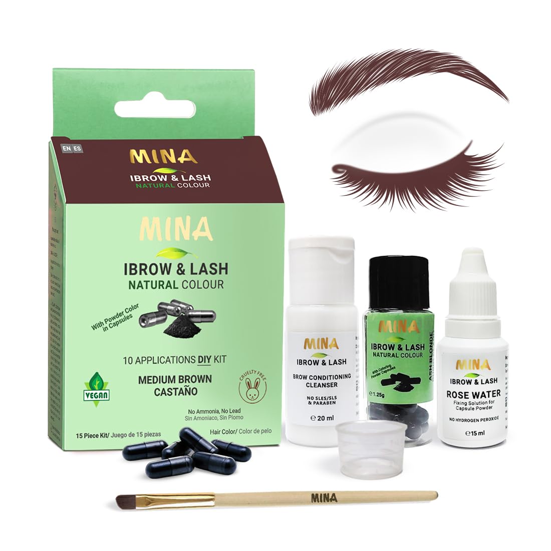 Mina iBrow Eyebrow & Lash Tint Kit โ Natural Brow Tinting Powder, Long-Lasting Spot Color, Smudge & Water Proof, No Ammonia or Lead, 10 Applications | Medium Brown