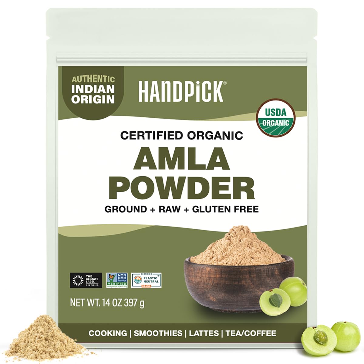 HANDPICK Organic Amla Powder (14oz) Amalaki, USDA Organic, Non-GMO | 100% Raw and Natural - Lab Tested for Purity | Indian Gooseberry Powder | Resealable Zip Lock Pouch