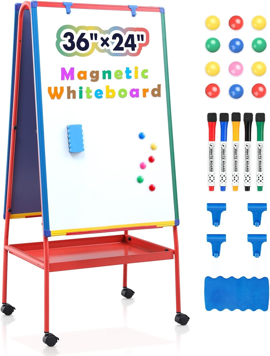 Mobile Dry Erase Board with Stand - 64.4" H Double Sided Portable Rolling Whiteboard Kids Easel for Classroom,Height Adjustable Magnetic White Board on Wheels for Home,School,36x24 inches