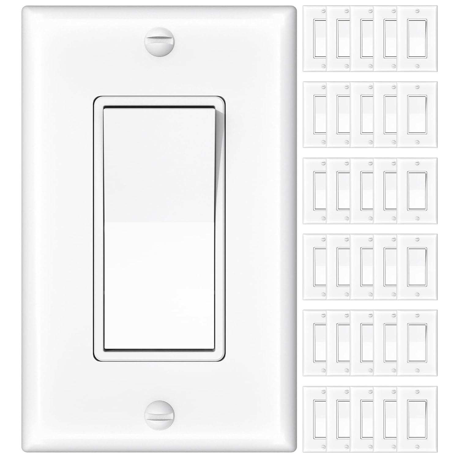 Amico 30 Pack Single Pole Light Switch with Wall Plate, UL Listed, 15A 120/277V, On/Off Rocker Paddle Interrupter Wall Switch, Grounding Screw, Residential Grade, Suitable for Home and Business, White