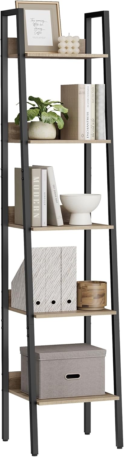 VASAGLE LLS109B50V2 5 Tier Narrow Ladder Shelf for Home Office, Living Room, Bedroom, Kitchen, Industrial, Camel Brown and Ink Black