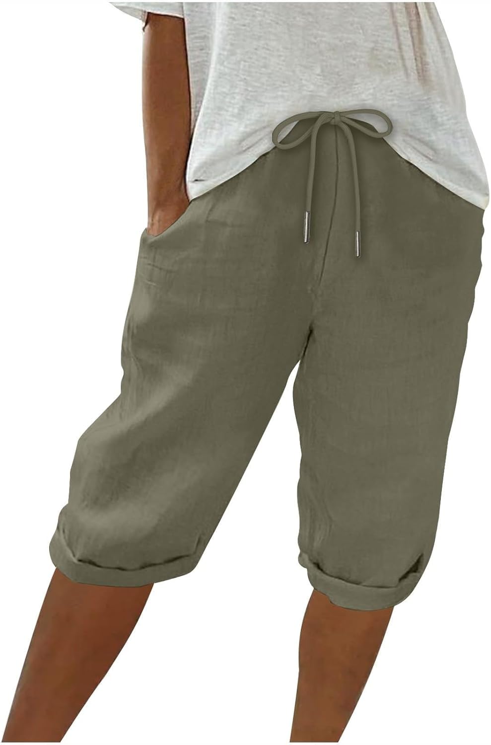 Womens Shorts Linen Elastic Waist Drawstring 3/4 Trousers for Women UK Summer Knee Length Casual Beach Gym Shorts for Women with Pockets