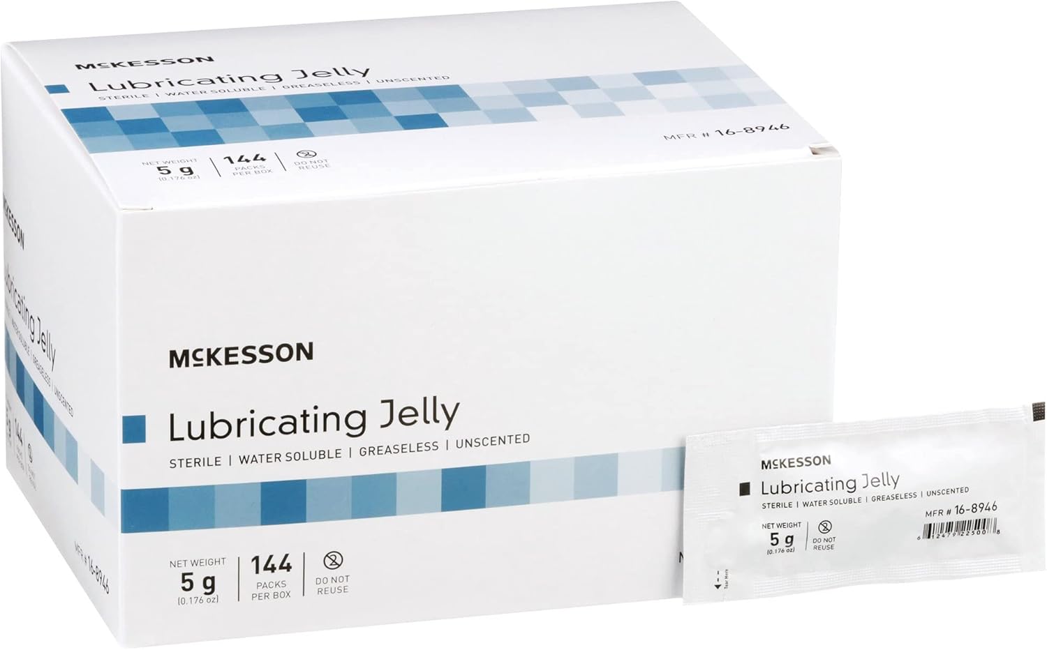 McKesson Lubricating Jelly, 5 g [144 Count] Water Based Non-Sticky Lube, Water Soluble Lubricant Gel - for Surgical, Medical, Personal – Sterile Individual Packets