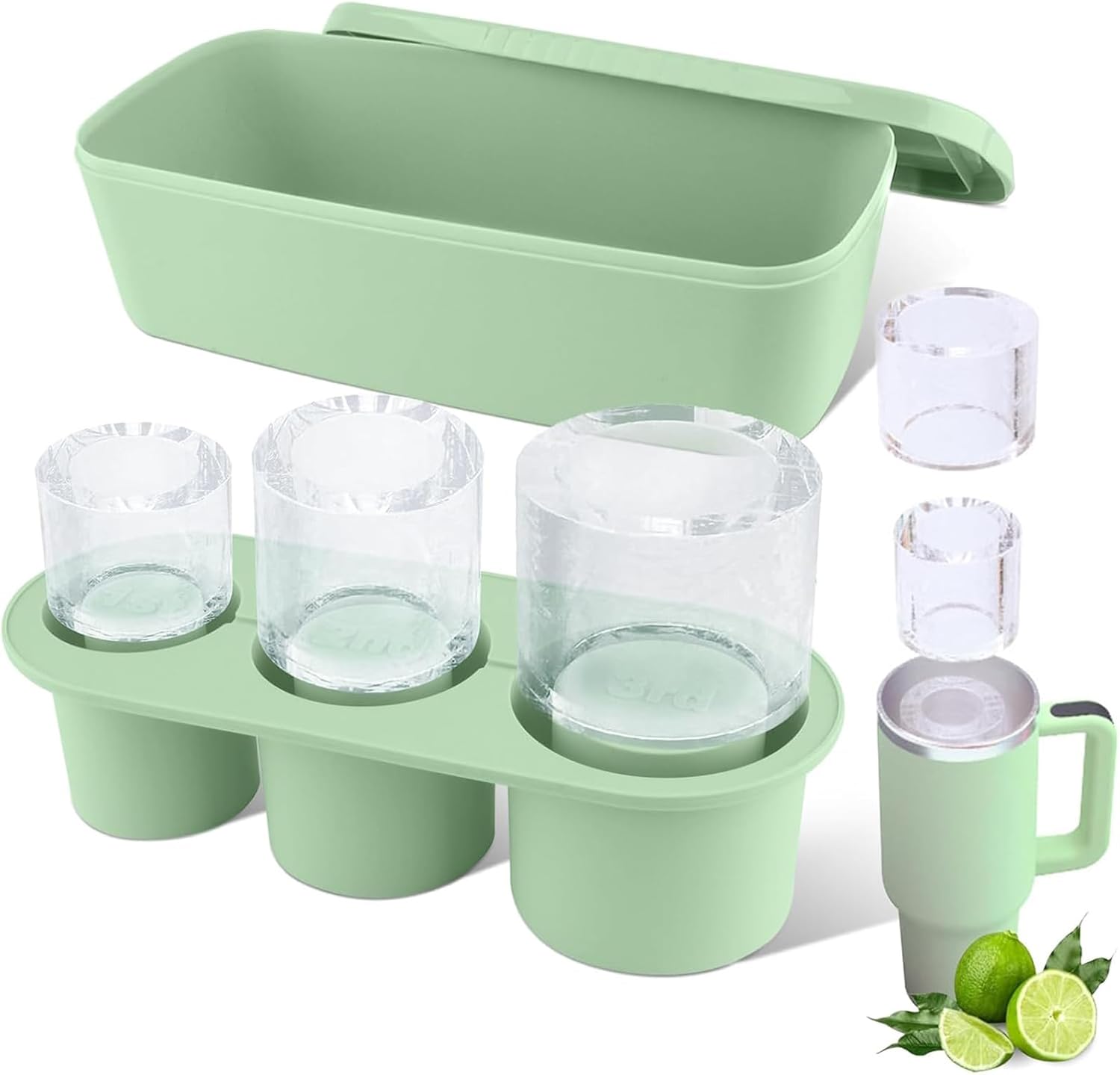Tcamp Ice Mold for Stanley Cup 30-40 oz Tumbler Cup Ice Mold, Silicone Ice Cube Tray With Lid and Bin for Chilling Cocktails, Whiskey, Drinks, Coffee, Easy Fill and Release Ice Maker (Green)