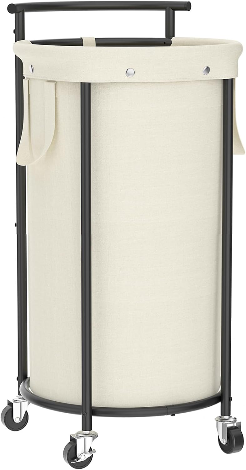 Chrislley 110L Laundry Hamper with Wheels,Rolling Laundry Basket with Removable Bag,Round Iron Laundry Cart with Steel Frame and Handle,Dirty Clothes Hamper Organizer for Dorm,Laundry Room(Beige)