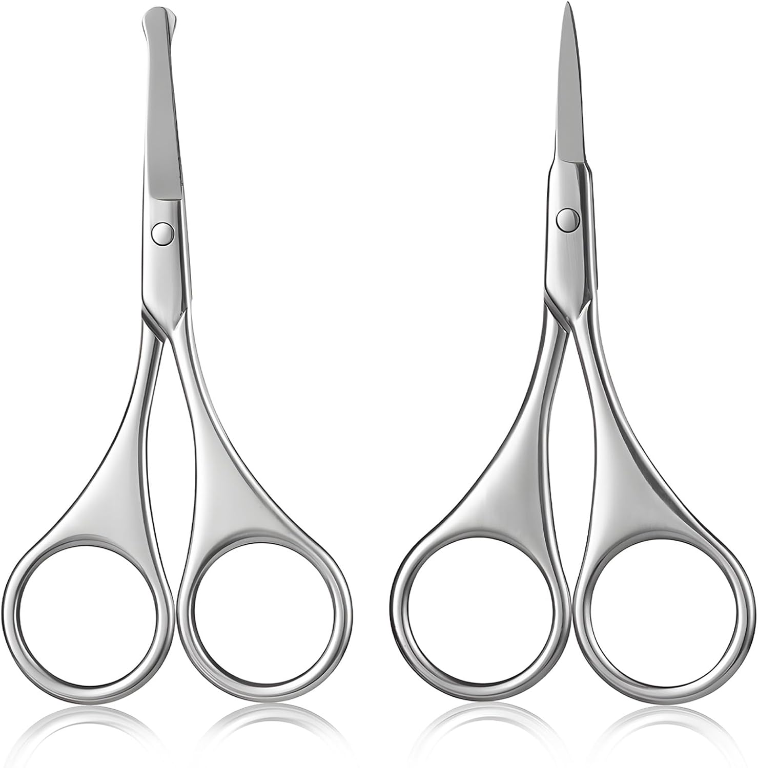 2Pcs Facial Hair Small Grooming Scissors For Men Women - Eyebrow, Nose Hair, Mustache, Beard, Eyelashes, Ear Trimming Kit - Curved and Rounded Safety Tip Clippers For Hair Cutting - Silver