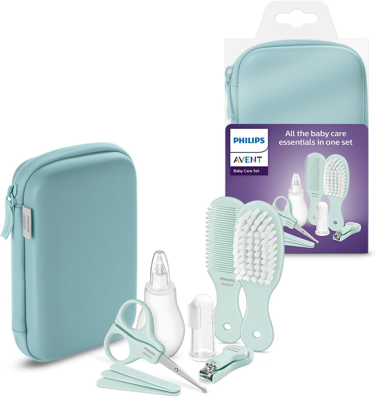Philips Avent Baby Care Set - Essential Baby Care Set with 9 Accessories, Nail Clipper, Scissors, 3 Emery Boards, Bomb, Hairbrush, Nasal Aspirator and Finger Toothbrush (Model SCH401/00)