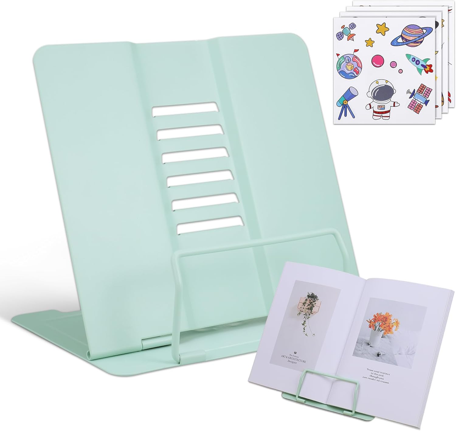 Kssvzz Book Stand, Metal Cookbook Holder with Adjustable Angle, Portable Sturdy Bookstands for Reading Book, Documents, Tablet, Mobile Phone and Book Display, Green