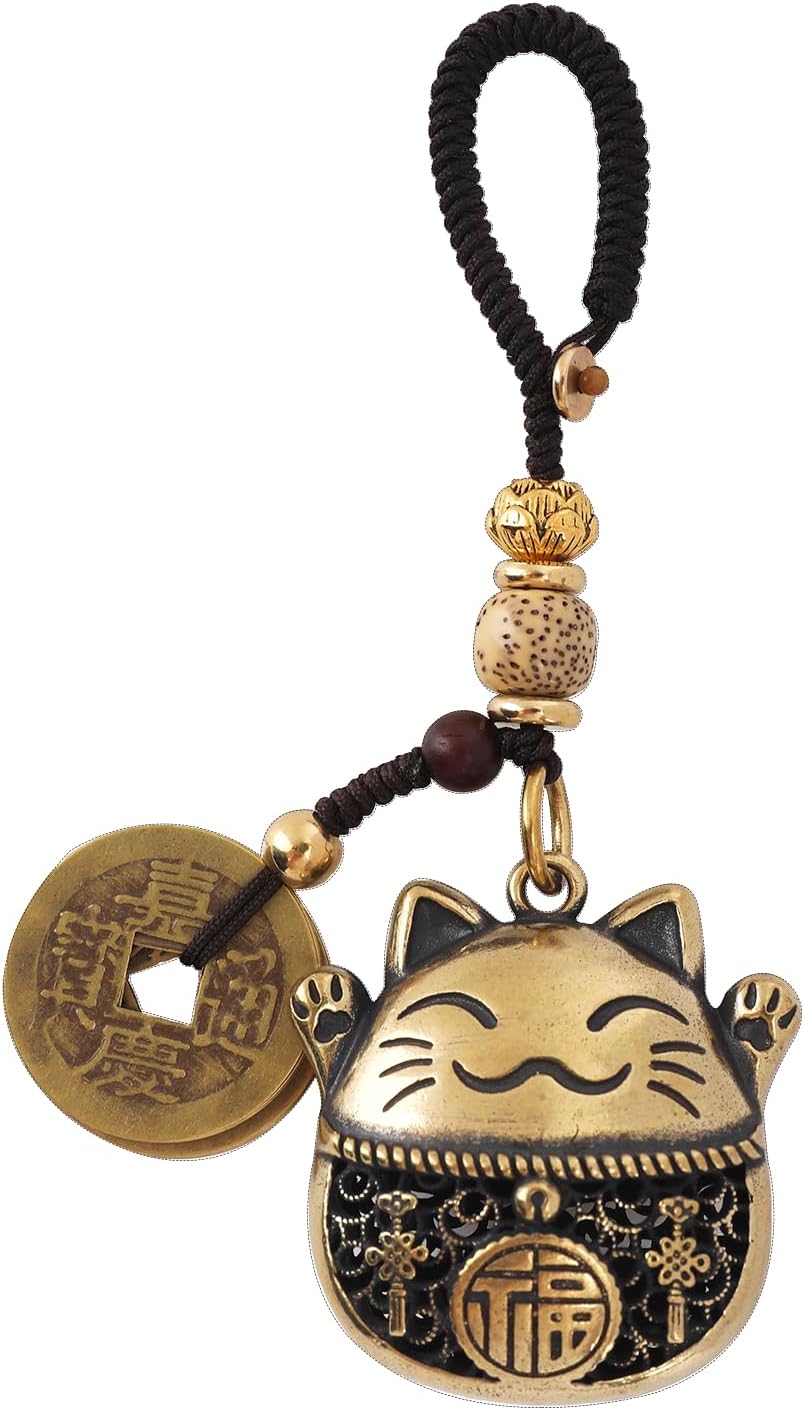 Brass Maneki Neko Lucky Cat Keychain with Feng Shui Coins, Maneki Neko Statue Good Luck Charms Lucky Tassel