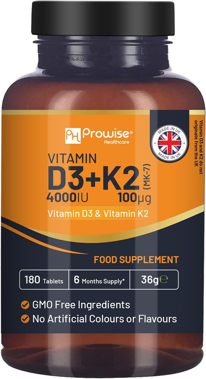 Vitamin D3 4000IU & K2 MK7 100µg Vegetarian Tablets I 180 (6 Months Supply) I Easy to Swallow Supplement for Immune Support, Calcium Boost, Bone & Muscle I Made in The UK by Prowise Healthcare