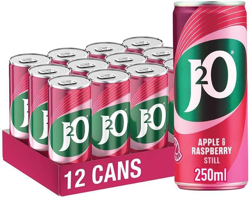 J2O Fruit Juice, Apple and Raspberry, 250ml Cans (Pack of 12)