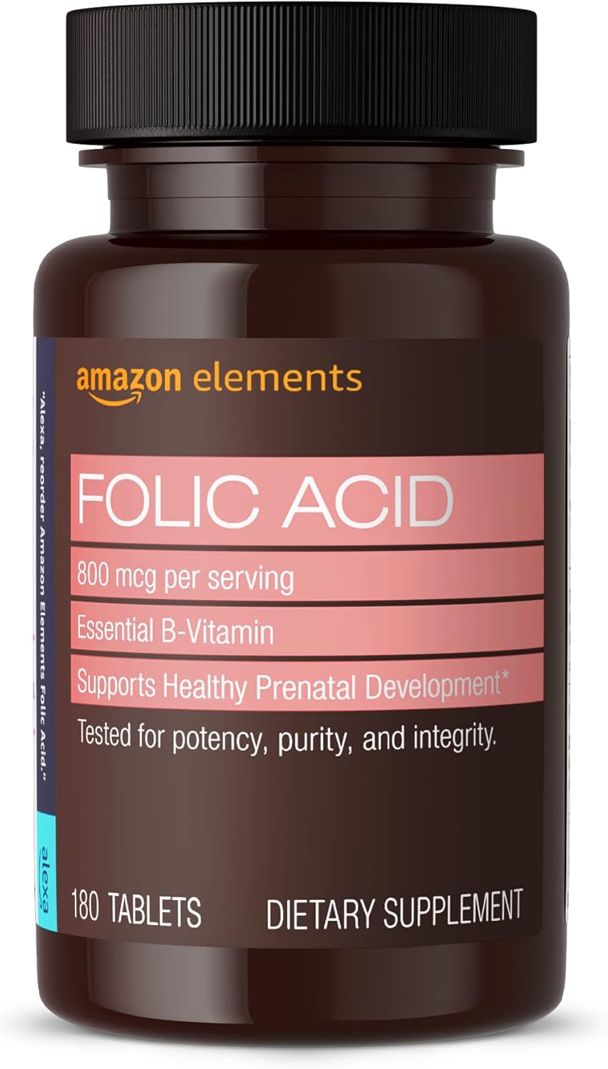 Amazon Elements Folic Acid 800 mcg per serving, Tablet, 180 Count, Pack of 1, Women's Dietary Supplement for Healthy Prenatal Development, 6 Months of Supply