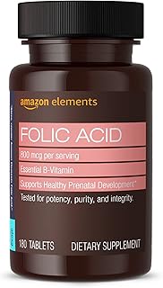Amazon Elements Folic Acid 800 mcg per serving, Tablet, 180 Count, Pack of 1, Women's Dietary Supplement for Healthy Prenatal Development, 6 Months of Supply