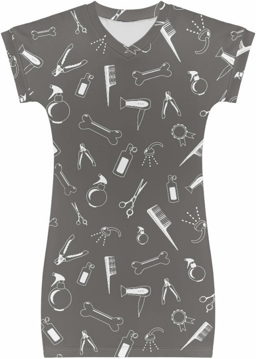 Kids Running Clothes Toddler Girl Short Sleeve Crewneck Hair Dryer Scissors Print Dress for 4 to 15 Years Girls Dress