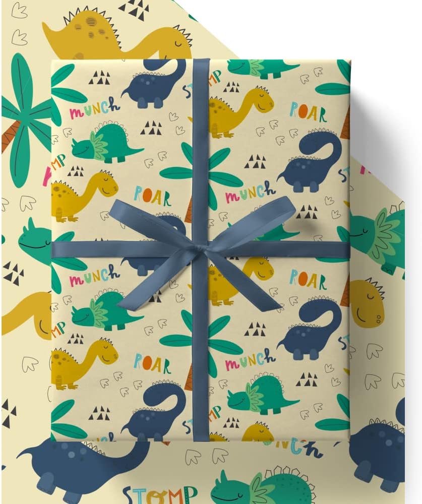 Dinosaur Wrapping Paper - HUGE 43% BIGGER [84cm x 60cm] Premium Eco Kids Birthday Gift Wrap for Dino loving Boys or Girls (4 Sheets & 4 Tags)