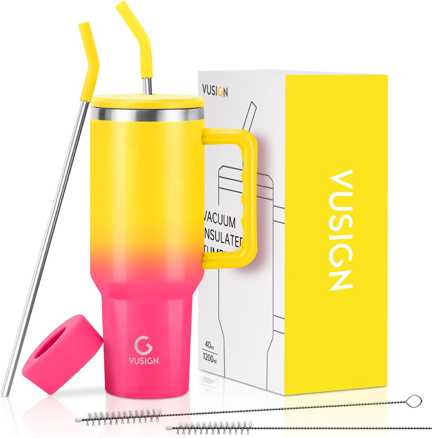 VUSIGN 40 oz Tumbler with Handle and Straw Lid, Stainless Steel Vacuum Insulated Tumbler Travel Mug Water Bottle Cup for Water Iced Tea Coffee Smoothie Car, Red-Yellow Mixed