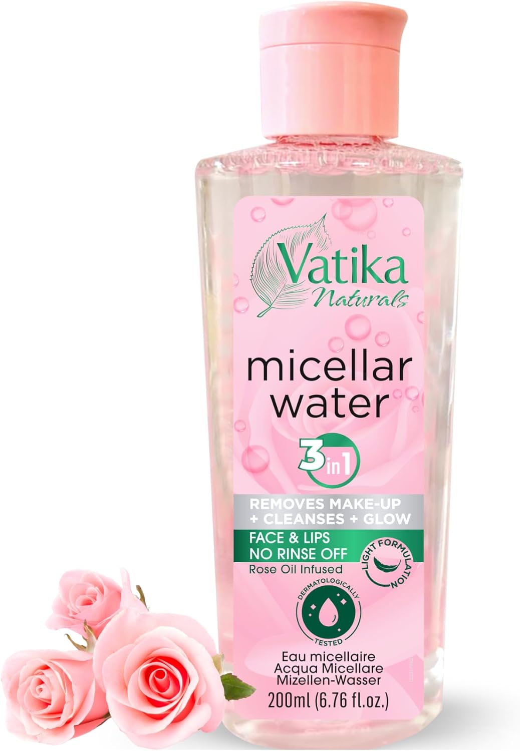 Vatika Naturals Micellar Cleansing Water 200ml I 3 in 1 Face Cleaner, Makeup Remover & Skin Glow I Dermatologically Tested, Rose Water Infused I Suitable for All Skin Types